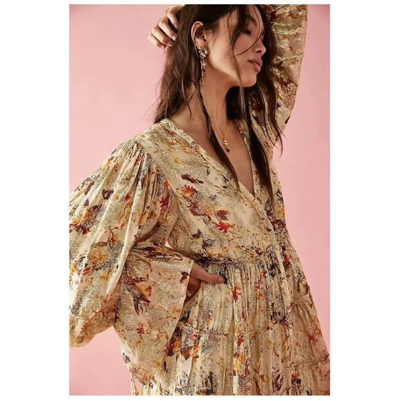 New Free People Rococco Sands Cara Mini Dress $383 SMALL Ivory Tiered Metallic - Picture 2 of 8